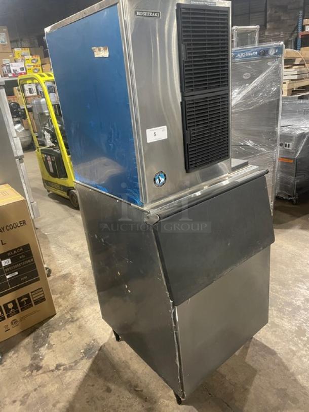 Hoshizaki stainless steel ice machine KM-515MAH/B-500PF, air-cooled, electric, on legs, with model and serial numbers visible.