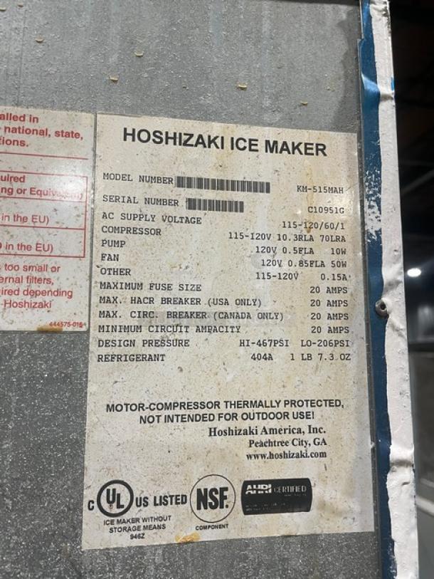 Hoshizaki Commercial Ice Maker, model KM515MAH/B500PF, 115-120V, stainless steel, with air-cooled ice-making head/bin combo.