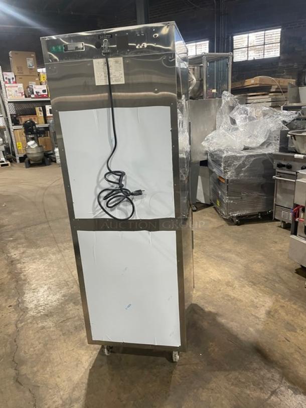 Alto-Shaam 1200-UP/SR stainless steel dual-compartment heated cabinet, Dutch doors, chrome racks, on casters, 208-240V.