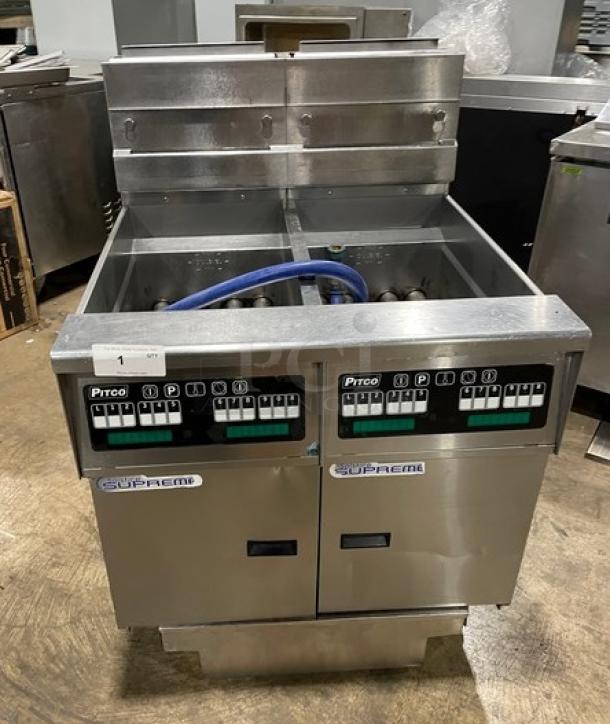 Pitco Solstice Supreme SSH55 natural gas 2-bay fryer, stainless steel, Energy Star certified, with filtration system and casters.