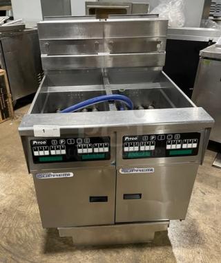 Pitco Solstice Supreme SSH55 natural gas 2-bay fryer, stainless steel, Energy Star certified, with filtration system and casters.