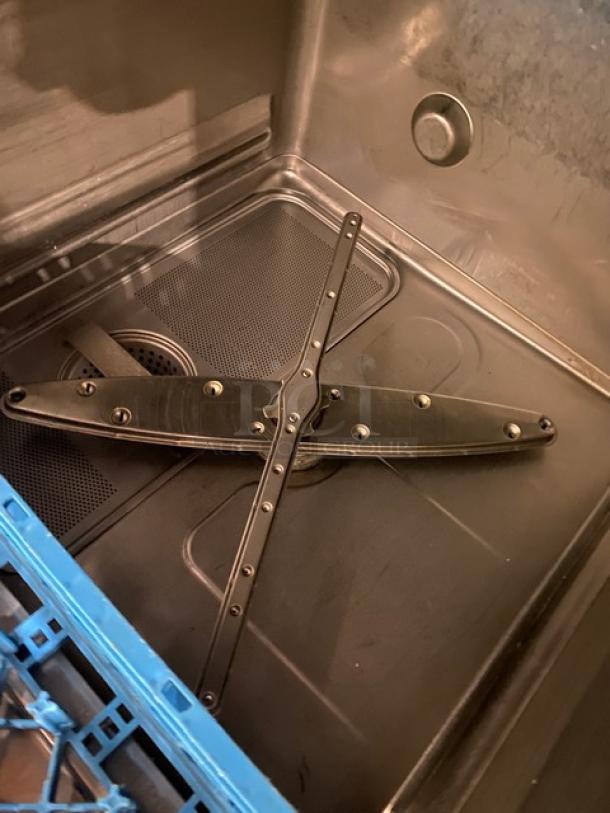 Hobart Advansys LXEC stainless steel undercounter dishwasher, Energy Star certified, with peg rack, shown interior view.