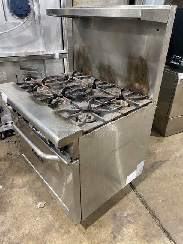 Asber commercial stainless steel 6-burner gas range/oven combo with backsplash, overhead salamander shelf, and wired oven rack.