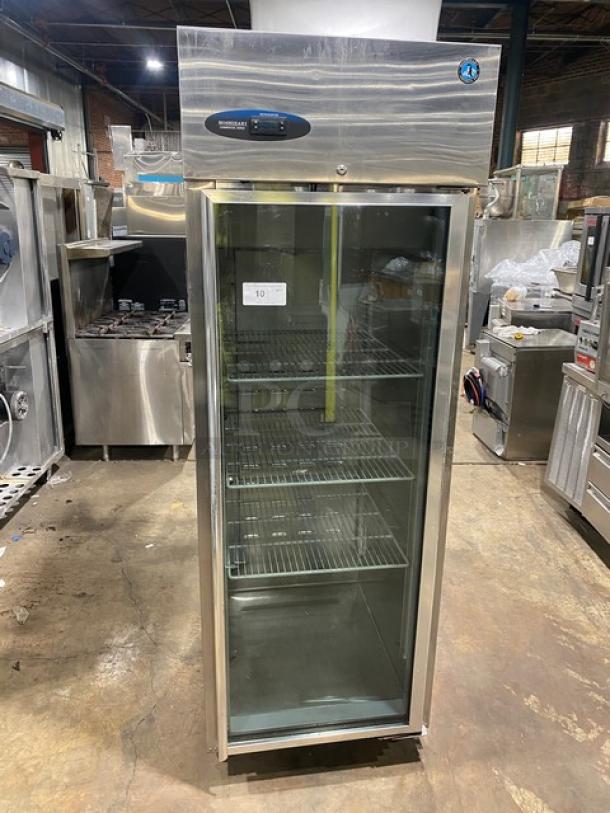 Hoshizaki CR1S-FGECR stainless steel glass door merchandiser refrigerator, Energy Star certified, with poly-coated racks, on casters.