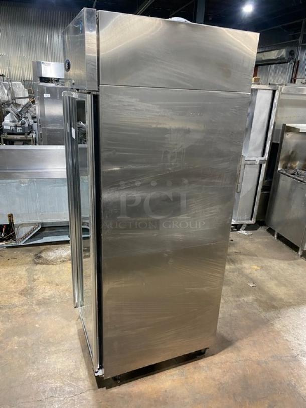 Hoshizaki stainless steel single glass door refrigerator, model CR1S-FGECR. Energy Star certified, with poly-coated wired rack, on casters.