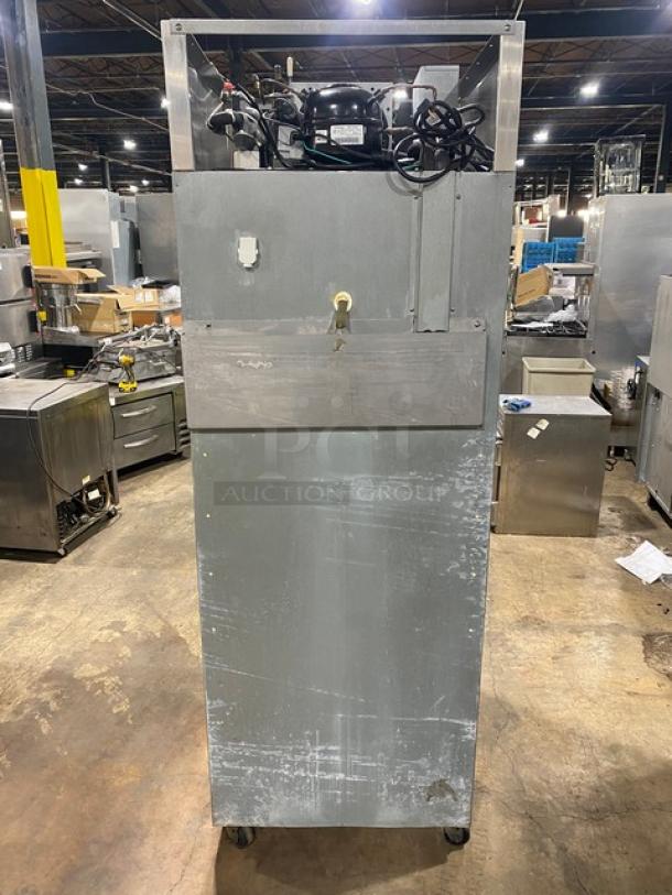 Hoshizaki commercial stainless steel reach-in refrigerator, single glass swing door, Model CR1S-FGECR, on casters.