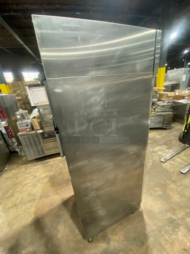 Hoshizaki CR1S-FGECR stainless steel single glass swing door merchandiser refrigerator, on casters, Energy Star certified.