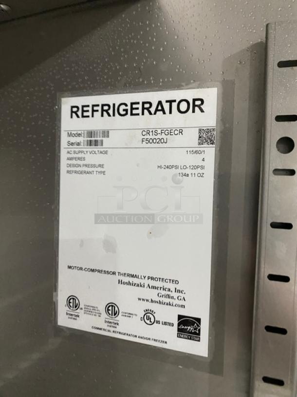 Hoshizaki glass door merchandiser refrigerator, model CR1S-FGECR, 115V, Energy Star certified, on casters, poly-coated rack.