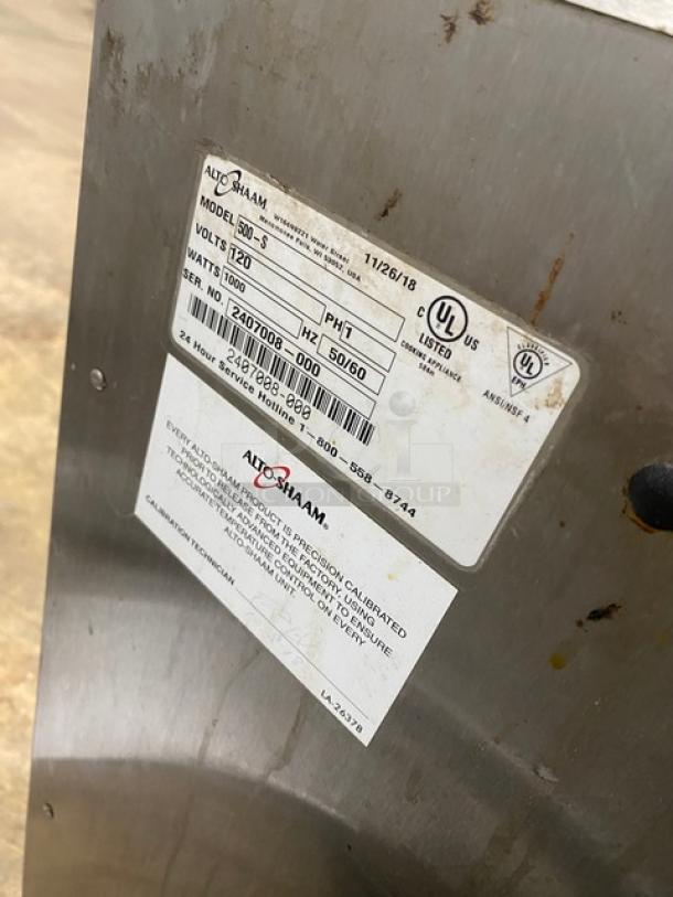 Alto-Shaam Model 500-S commercial heated holding cabinet, 2018, stainless steel, mobile with casters, 120V, SN: 2407008-000.