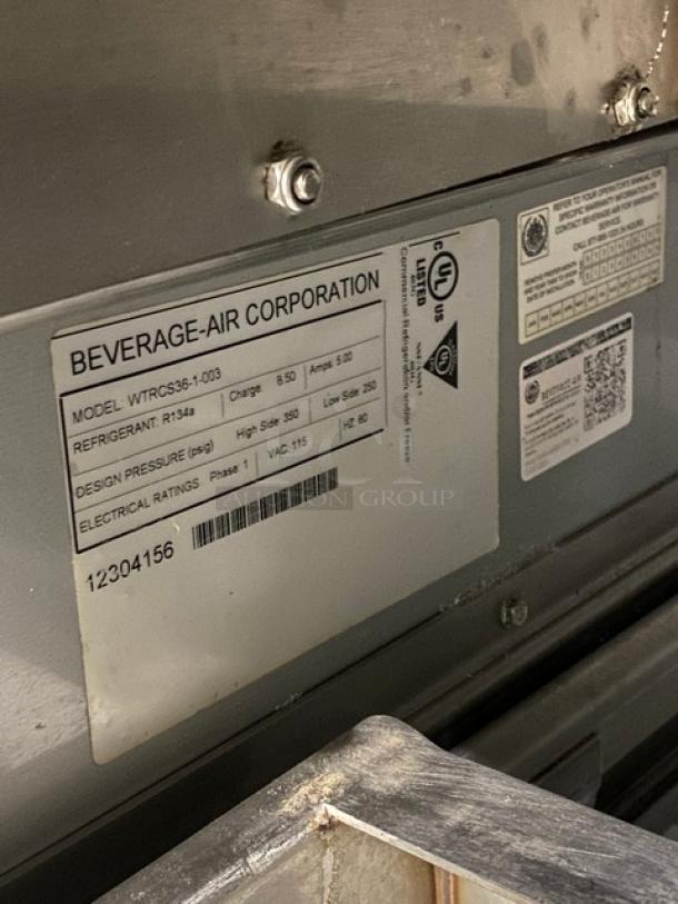 Beverage-Air 2 Drawer Refrigerated Chef Base, Model WTRCS3610003, Stainless Steel, Serial 12304156, on casters.