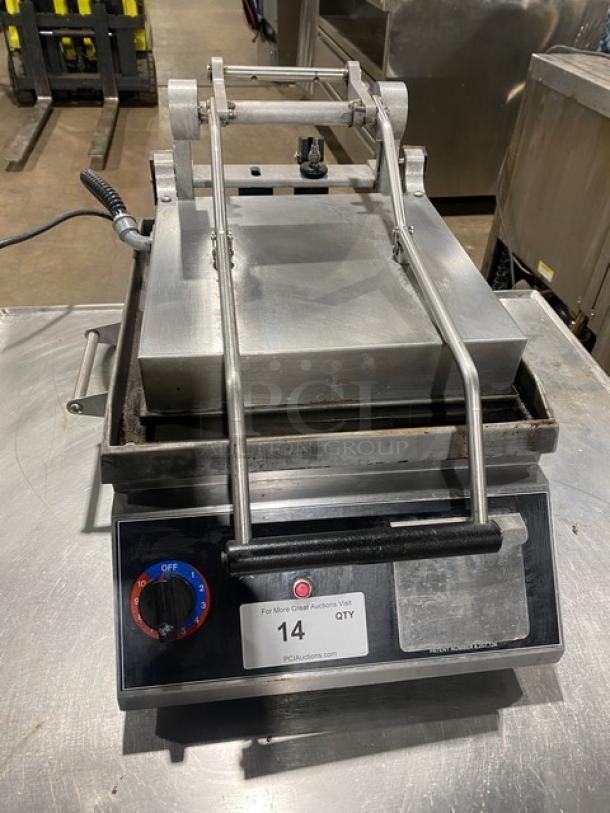 Star Pro Max Series GR14B countertop panini press grill, stainless steel, dual-sided smooth plate, electric, 14", 120V.