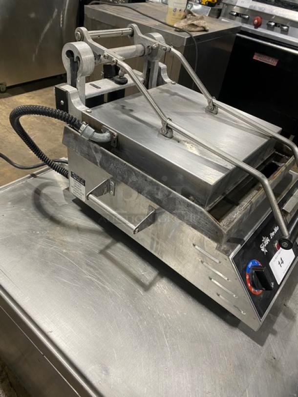 Star Pro Max Series GR14B electric panini grill, stainless steel, smooth plates, 120V, on legs, commercial-grade.