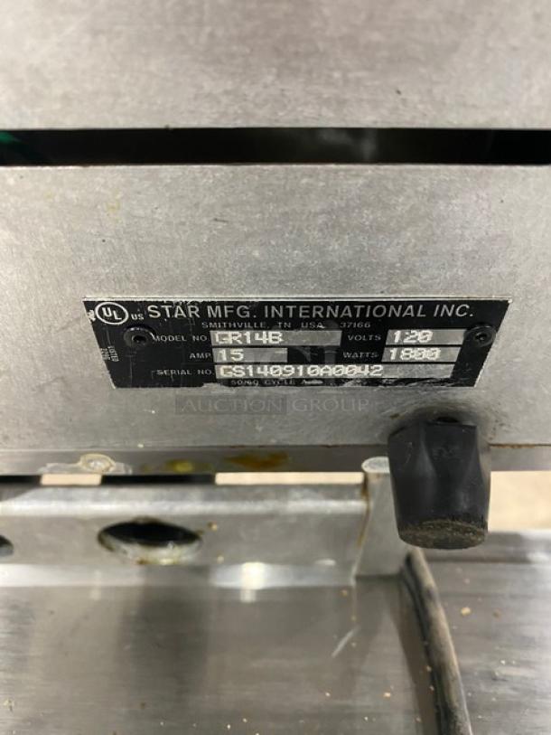 Star Pro Max Series stainless steel panini press grill, Model GR14B, dual-sided smooth plate, 120V, on legs, nice condition.