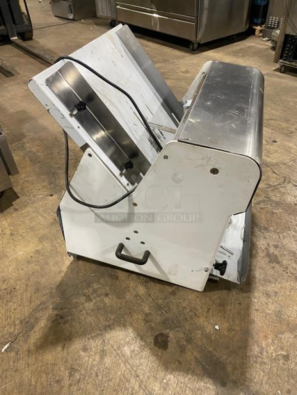 Twothousand TT-D7B bread slicer, commercial countertop model, white powder-coated stainless steel, electric, 110V, on legs.