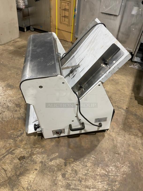 Twothousand Commercial Electric Bread Slicer, Model TT-D7B, white powder-coated stainless steel, high-efficiency, on legs.