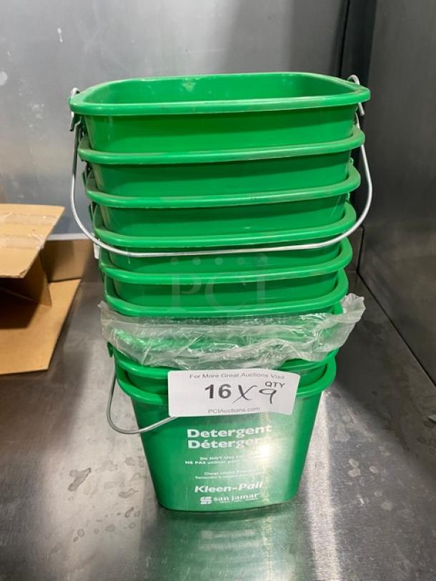 San Jamar Kleen-Pail, Model KP196GN, green 6 Qt. detergent bucket, new condition, with handle, stack of 16, label indicates auction info.