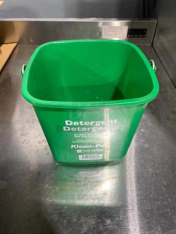 San Jamar Kleen-Pail Series green 6 Qt. detergent pail, model KP196GN, new condition, with handle, clear labeling.