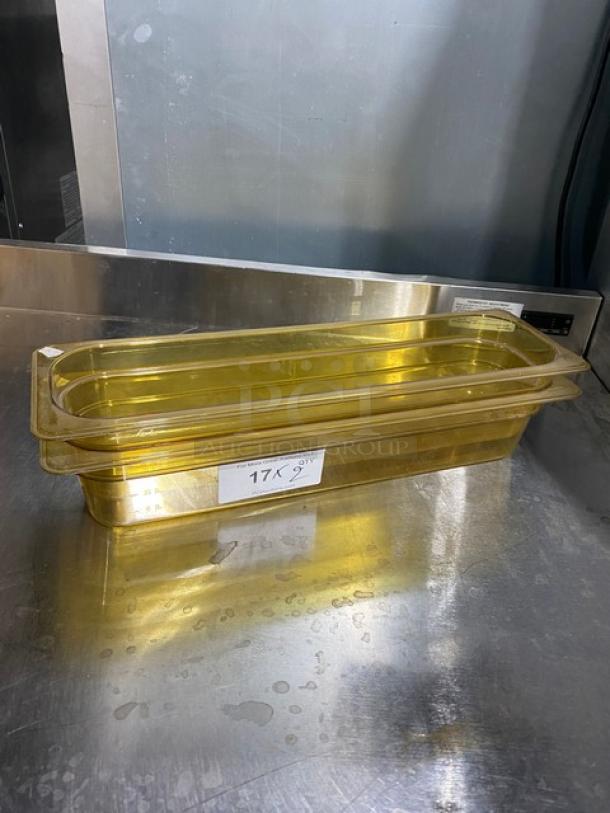 NEW Cambro amber high-heat half-size food pan, 4" deep, stackable, unused. Ideal for commercial kitchen use.