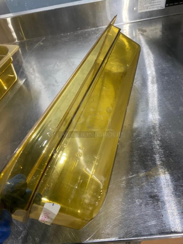 Cambro amber high-heat food pan, half size, 4" deep, new condition, commercial grade, visible measurement markings.