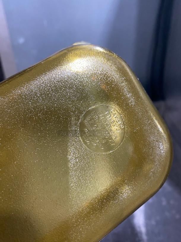 Cambro amber high-heat food pan, half size, 4" deep, new condition. Marking indicates heat resistance and Cambro branding.