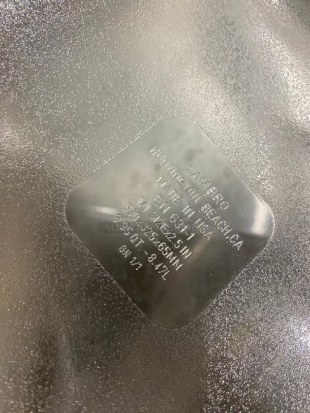 NEW Cambro clear polycarbonate full-size food pan, 2.5" deep. Markings show model details, made in USA. Excellent condition.