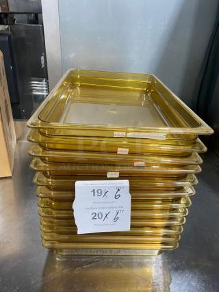 NEW Cambro commercial amber high-heat full-size 2.5" deep food pans, stack of six, in excellent condition.