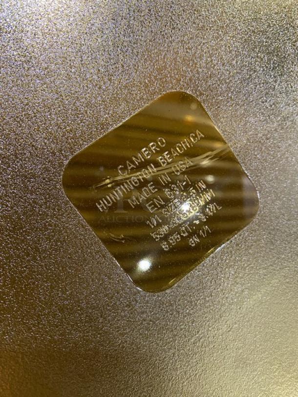 NEW Cambro commercial amber high-heat full-size food pan, 2.5" deep. Marked "Cambro, Made in USA."