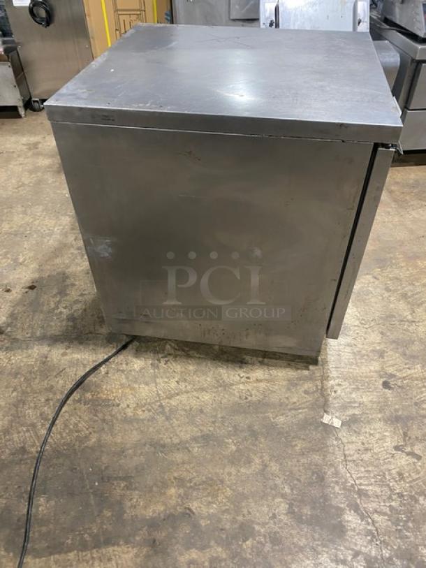 Beverage-Air stainless steel single door undercounter refrigerator, poly coated wired rack, on casters, SN: 9802534.