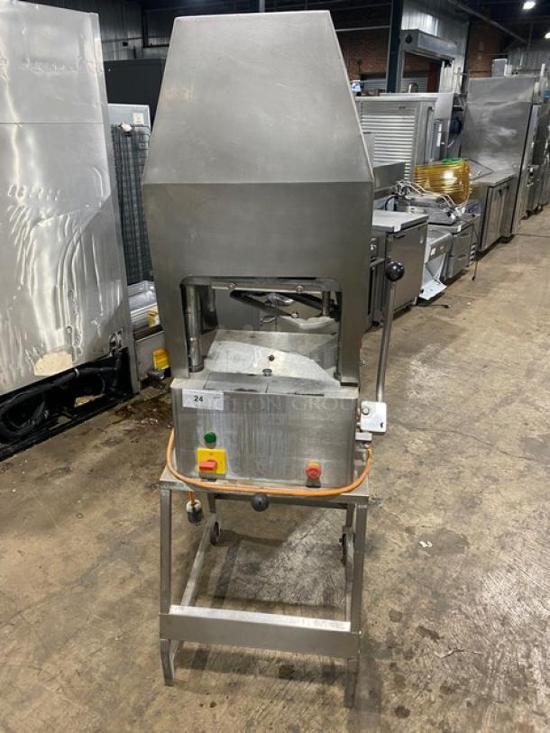 Jaccard Model E93 stainless steel meat tenderizer with open base stand on casters, electric powered, SN: B2280.