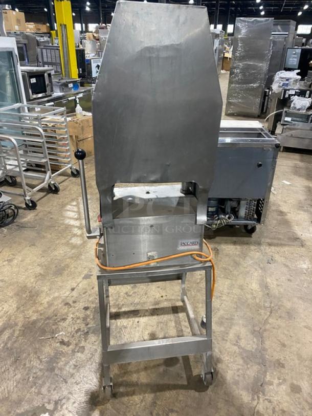 Jaccard E93 Stainless Steel Electric Meat Tenderizer with Open Base Stand, Model E93, SN: B2280, on casters.