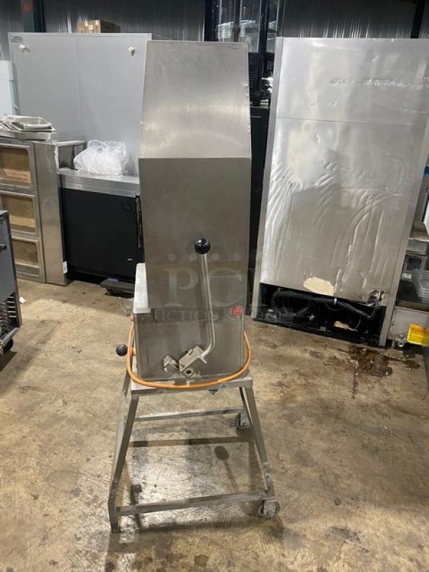 Jaccard E93 stainless steel electric meat tenderizer on casters, with open base stand. Serial: B2280. Heavy-duty commercial use.