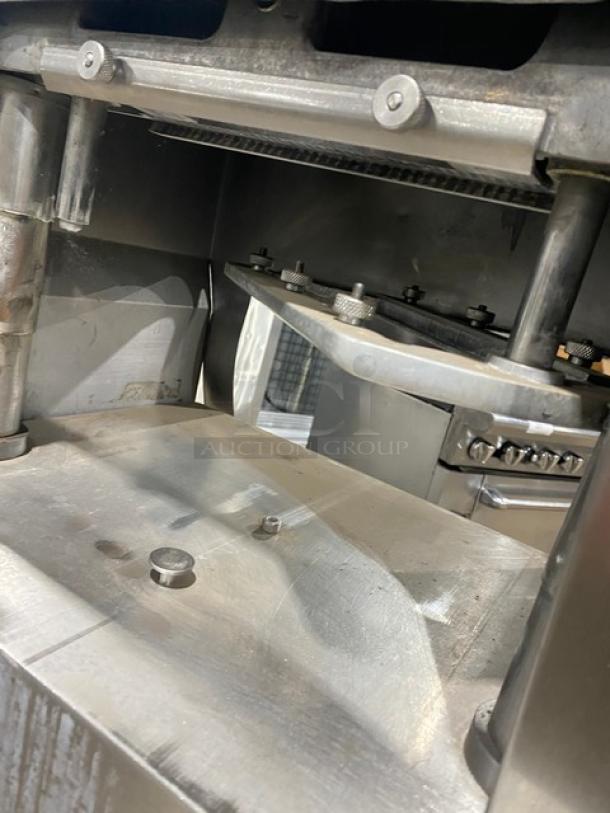 Jaccard E93 stainless steel electric meat tenderizer, open base stand, on casters, commercial-grade, serial number B2280.