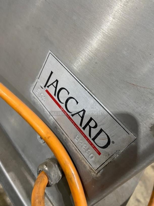 Jaccard E93 meat tenderizer, stainless steel, electric-powered, open base stand, SN: B2280, on casters, durable condition.