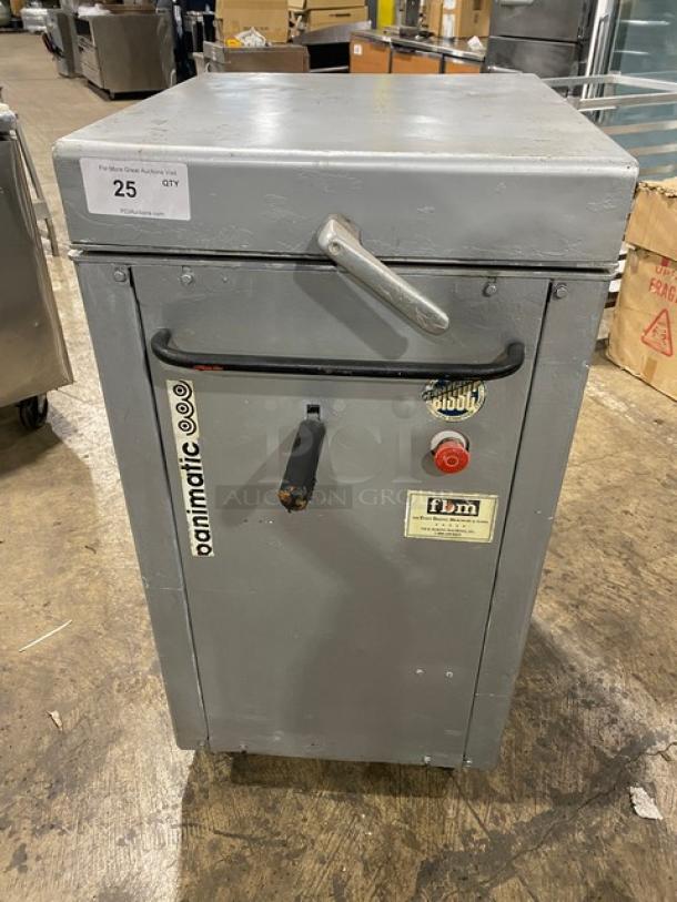 Panimatic P84-S commercial dough divider, electric-powered, free-standing on casters, used condition, model and serial labels visible.
