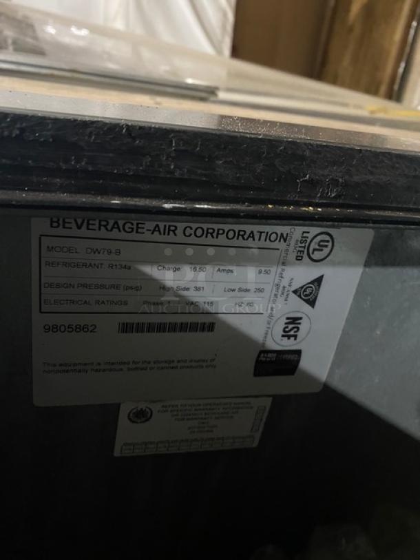 Beverage-Air Commercial Black Deep Well Bottle Cooler, Model DW79-B, 115V 1 Phase, with stainless steel worktop and sliding lid.