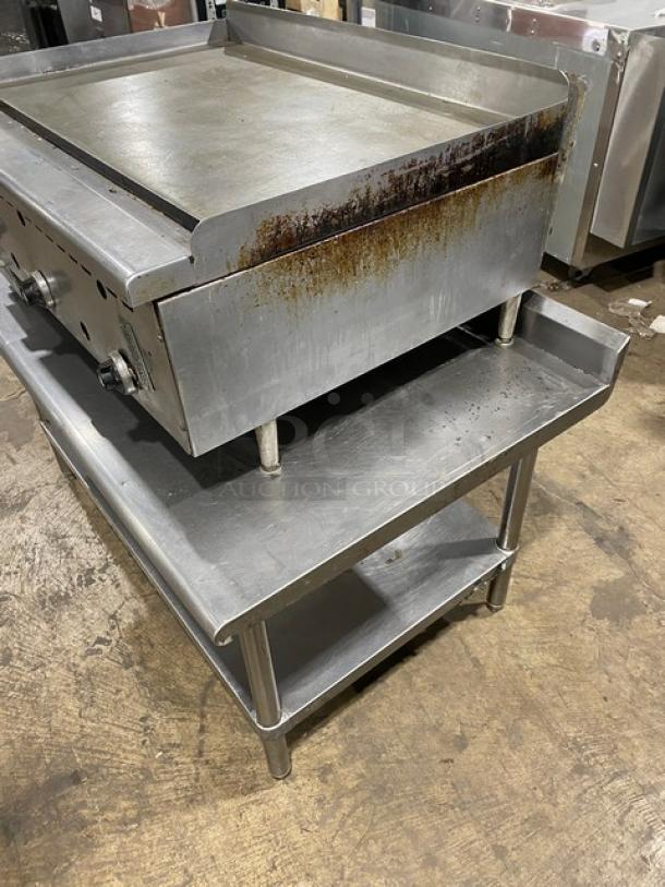 Rankin-Delux GT-36-C stainless steel 36" griddle, natural gas, thermostatic control, with back and side splash, undershelf stand.