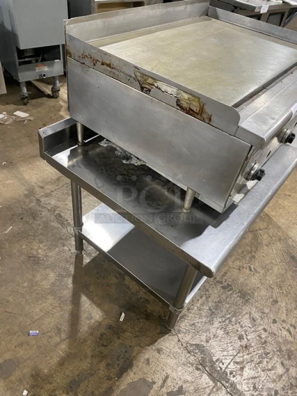 Rankin-Delux GT36C 36" stainless steel griddle on legs, with thermostatic control, back and side splash, undershelf stand.