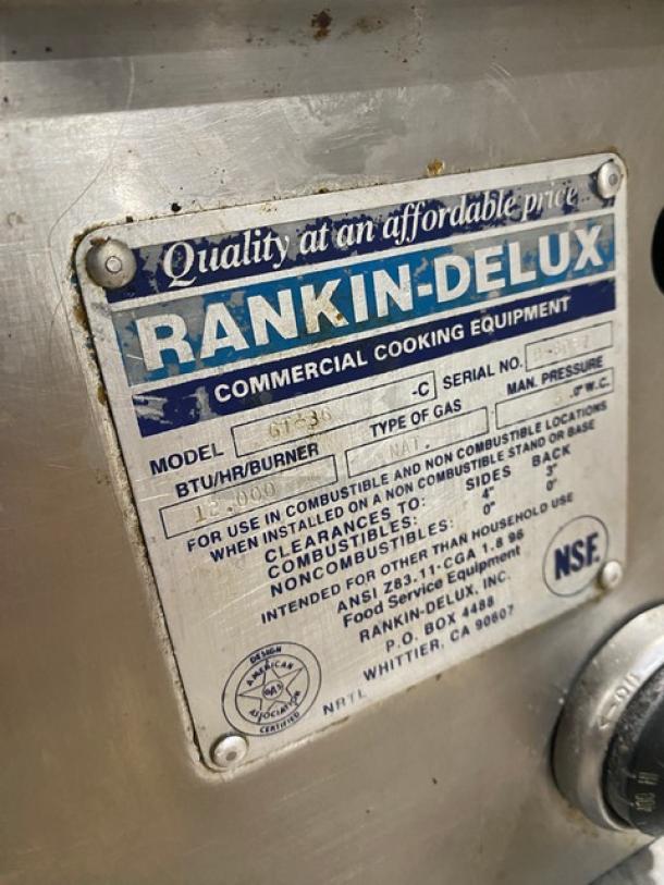 Rankin-Delux GT36C commercial griddle label, indicating model and gas type, with NSF certification mark.