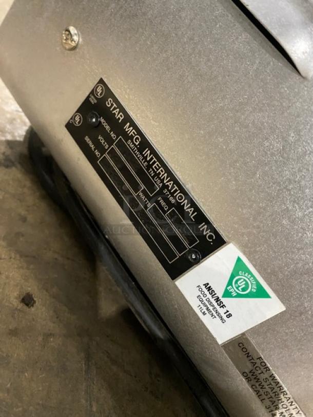 Star HPDE2 condiment warmer, black powder-coated stainless, electric-powered, 120V, push button control, label indicates UL listed.