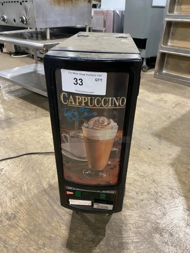 Cecilware GB2KLD countertop dual flavor cappuccino machine, black, electric, 2 hoppers, push button control, on legs.