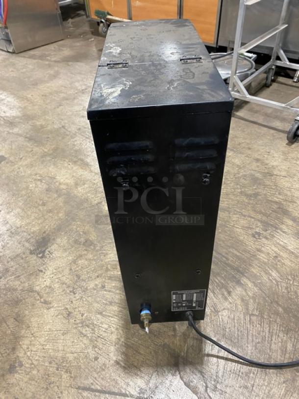 Cecilware GB2K-LD commercial black cappuccino machine, dual hoppers, push button control, 120V, on legs, side view.