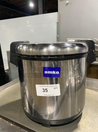 Amko commercial stainless steel rice warmer, Model AK-ERW7, 20L capacity, electric, 120V, countertop design.