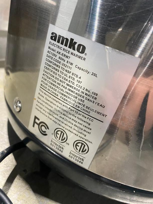 Amko AKERW7 stainless steel electric rice warmer, 20L capacity, 120V. Label shows FCC and ETL certifications.