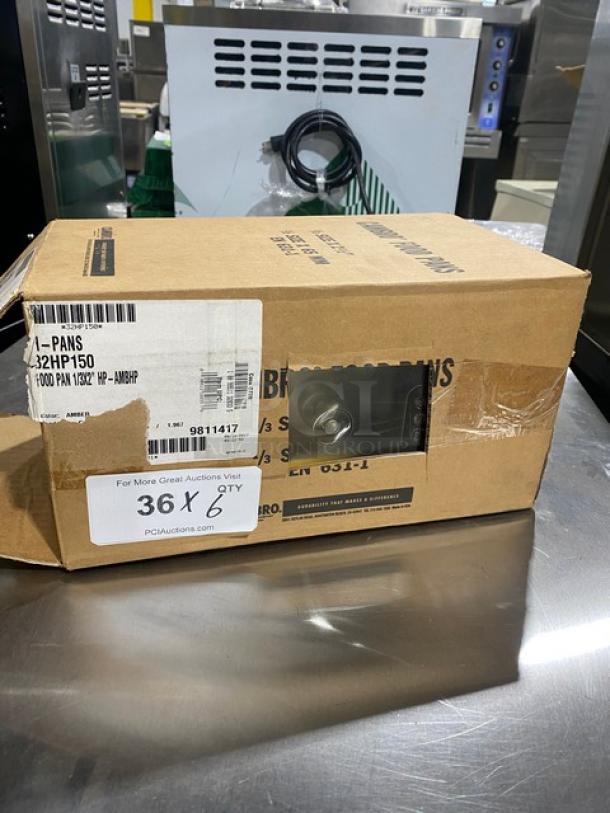 Cambro Commercial Amber High-Temp 1/3-Size Food Pan, Model 32HP150, new in box. Quantity: 36x6. Tags indicate model and specs.