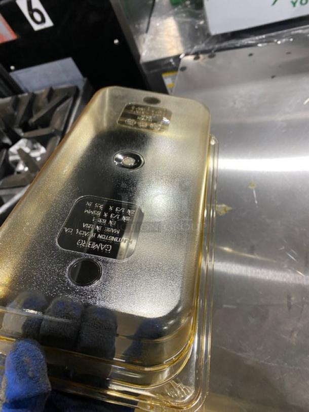 Cambro 32HP150 amber high-temp food pan, 1/3-size, 2-1/2" deep, new condition, visible labeling.