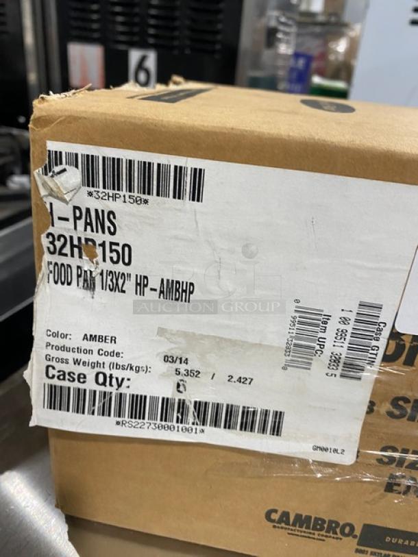 Cambro Commercial Amber High-Temperature 1/3-Size 2-1/2" Deep Food Pan, Model 32HP150, new in box with labels.
