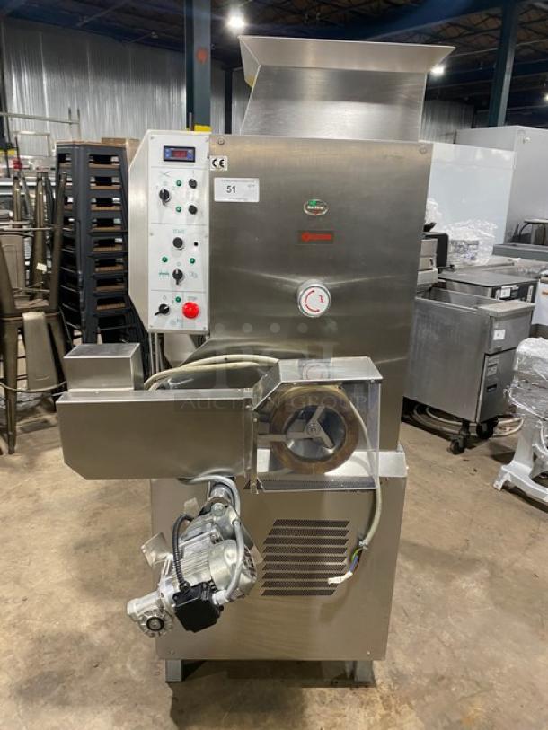 Italgi P80A industrial pasta extruder, stainless steel, electric, on legs and casters, model SN 115, 230V 3-phase, control panel.