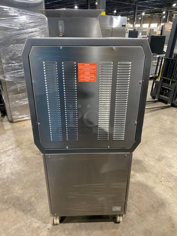 Italgi P80A stainless steel pasta extruder, electric, free-standing, with legs and casters, model and serial tags visible.