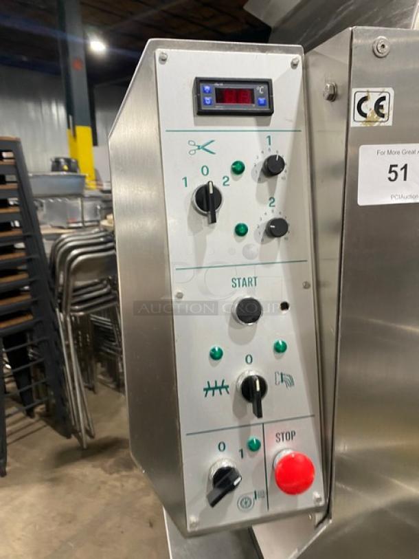 Italgi P80A commercial pasta extruder control panel, stainless steel, 230V 3-phase, CE marked, on legs and casters.