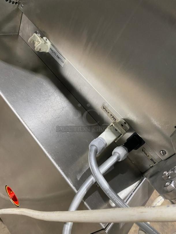 Italgi P80A stainless steel industrial pasta extruder, electric powered, 230V 3-phase, on legs and casters, labeled inputs.